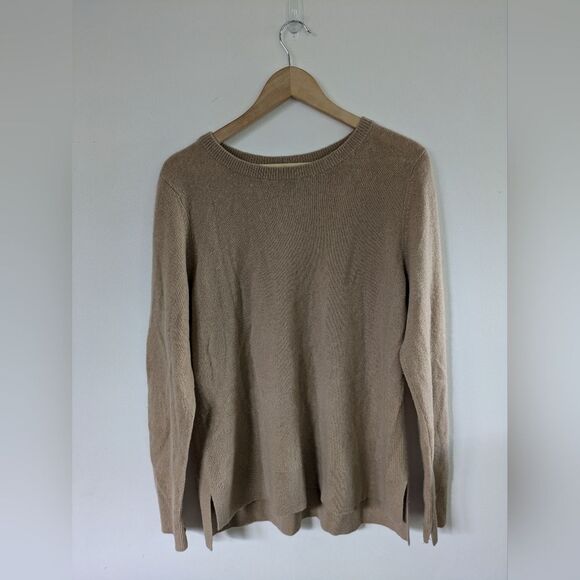 Halogen 100% Cashmere Crew Neck pullover Brown Long Sleeve Side Slits L Large - Picture 1 of 7